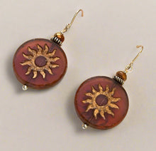 Load image into Gallery viewer, Huge Round Burnt Orange Czech Glass Sun Bohemian Drop Earrings in Sterling Silver
