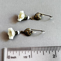 White Czech Glass Bell Flower Earrings with Antique Brass Heart Components in Sterling Silver