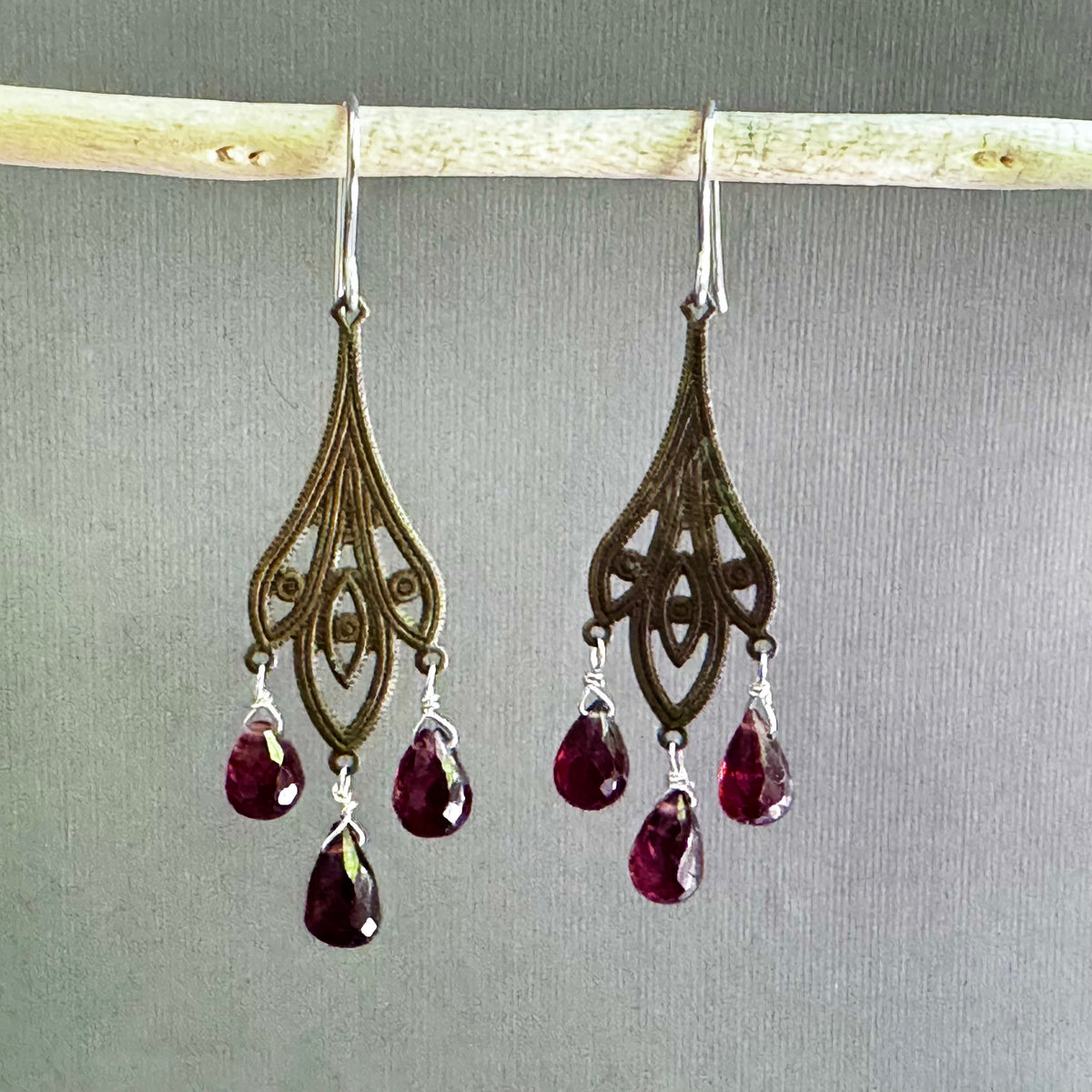 Garnet Drop Earrings on Brass Filigree Components in Sterling Silver
