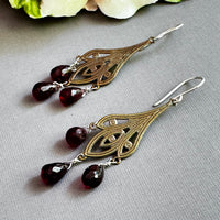 Garnet Drop Earrings on Brass Filigree Components in Sterling Silver