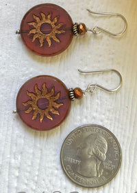 Huge Round Burnt Orange Czech Glass Sun Bohemian Drop Earrings in Sterling Silver