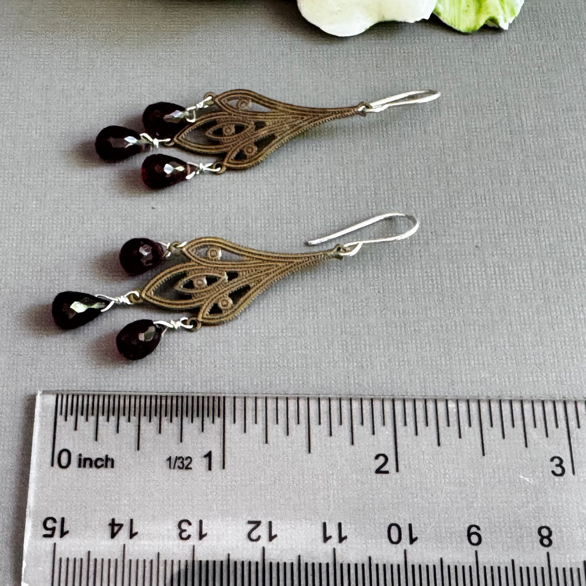 Garnet Drop Earrings on Brass Filigree Components in Sterling Silver