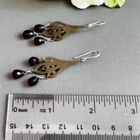 Garnet Drop Earrings on Brass Filigree Components in Sterling Silver