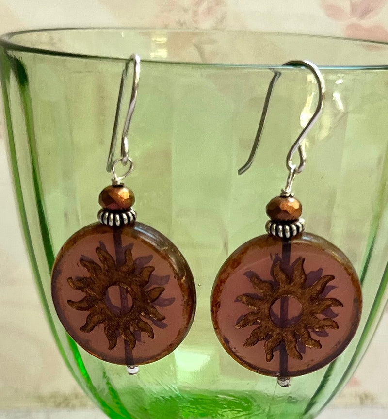 Huge Round Burnt Orange Czech Glass Sun Bohemian Drop Earrings in Sterling Silver