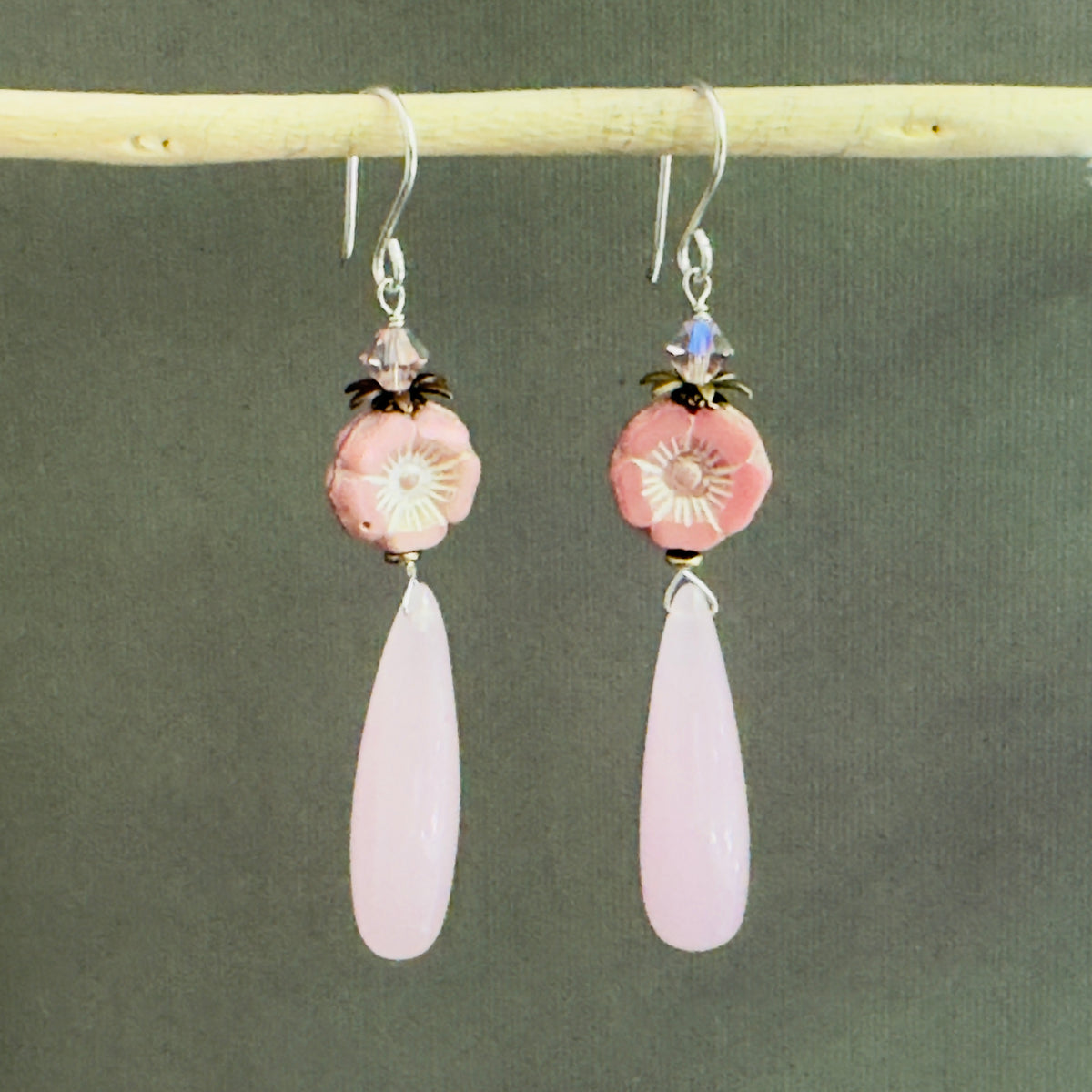Pink Chalcedony and Czech Glass Flower Earrings in Sterling Silver