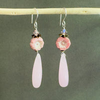 Pink Chalcedony and Czech Glass Flower Earrings in Sterling Silver