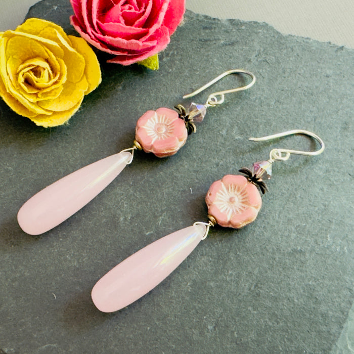 Pink Chalcedony and Czech Glass Flower Earrings in Sterling Silver
