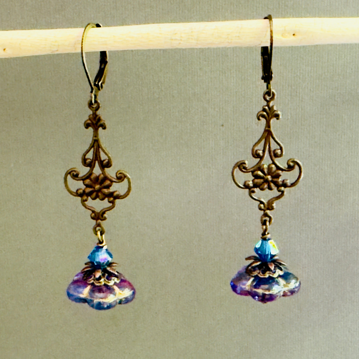 Czech Glass Blue and Purple Bell Flower Earrings in Antique Brass
