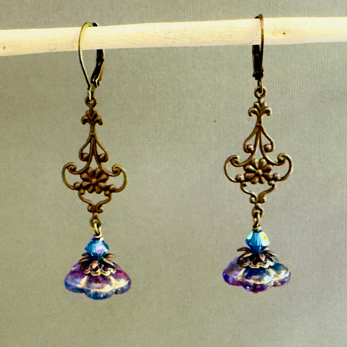 Czech Glass Blue and Purple Bell Flower Earrings in Antique Brass