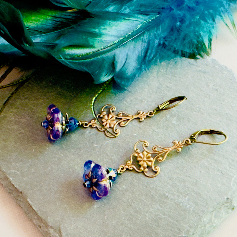 Czech Glass Blue and Purple Bell Flower Earrings in Antique Brass