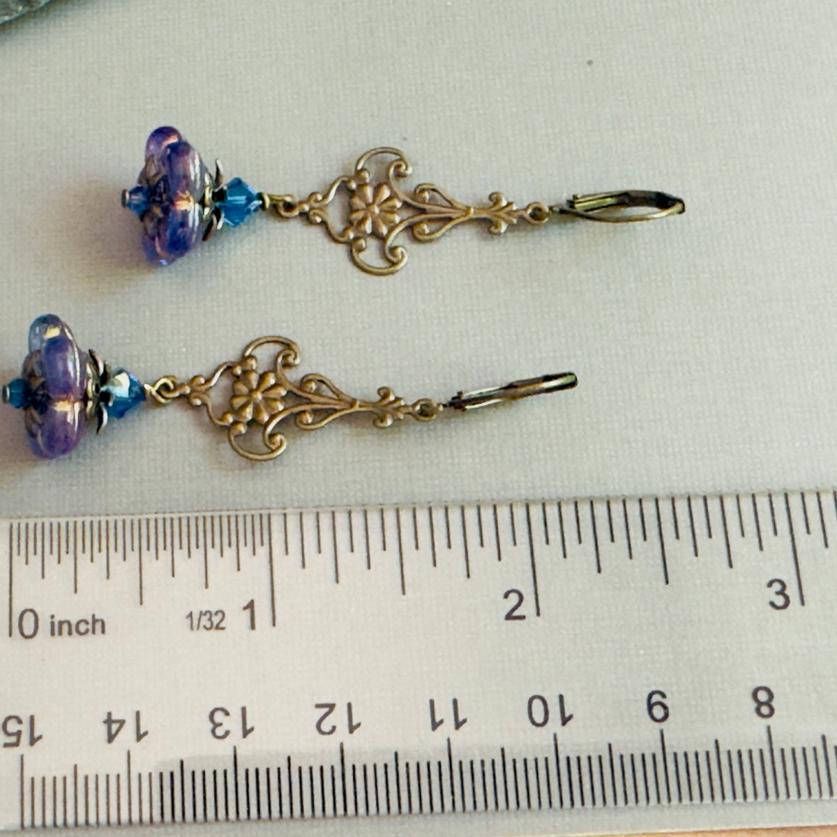 Czech Glass Blue and Purple Bell Flower Earrings in Antique Brass