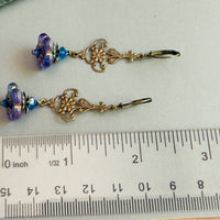 Czech Glass Blue and Purple Bell Flower Earrings in Antique Brass