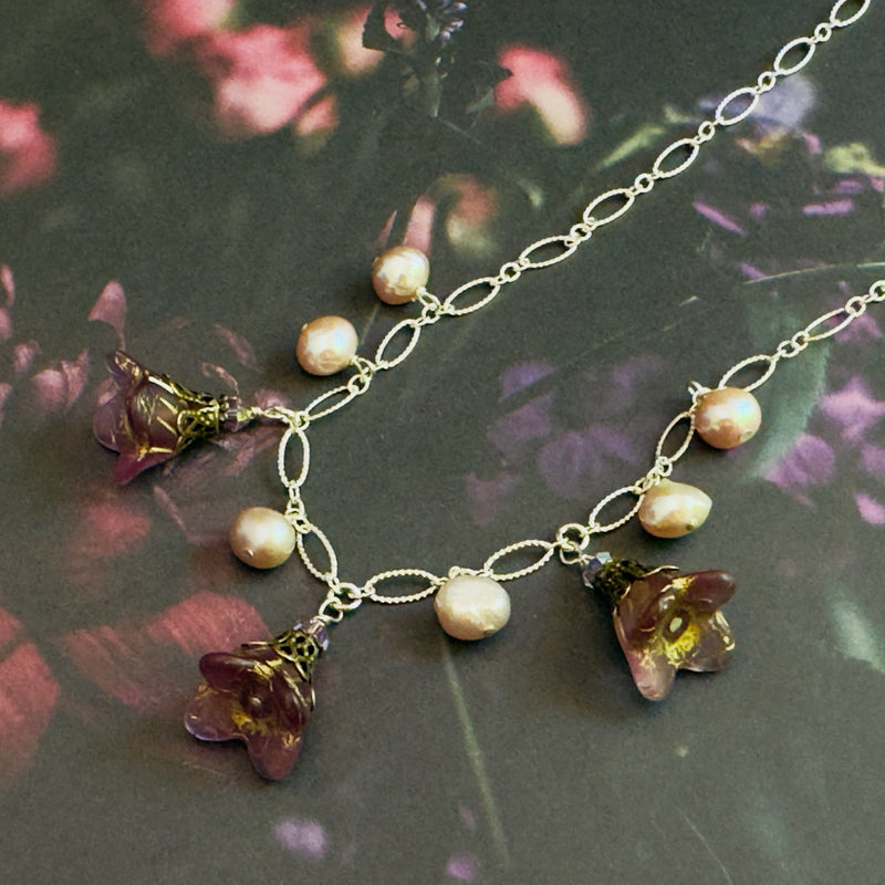 Pink Czech Glass Bell Flower Bead and Freshwater Pearl Necklace on Sterling Silver