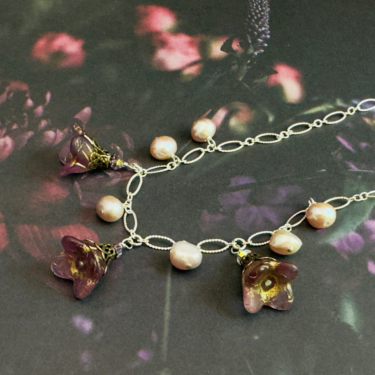 Pink Czech Glass Bell Flower Bead and Freshwater Pearl Necklace on Sterling Silver