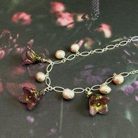 Pink Czech Glass Bell Flower Bead and Freshwater Pearl Necklace on Sterling Silver