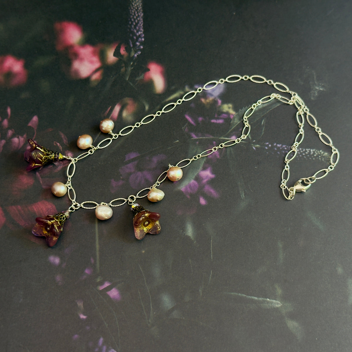 Pink Czech Glass Bell Flower Bead and Freshwater Pearl Necklace on Sterling Silver