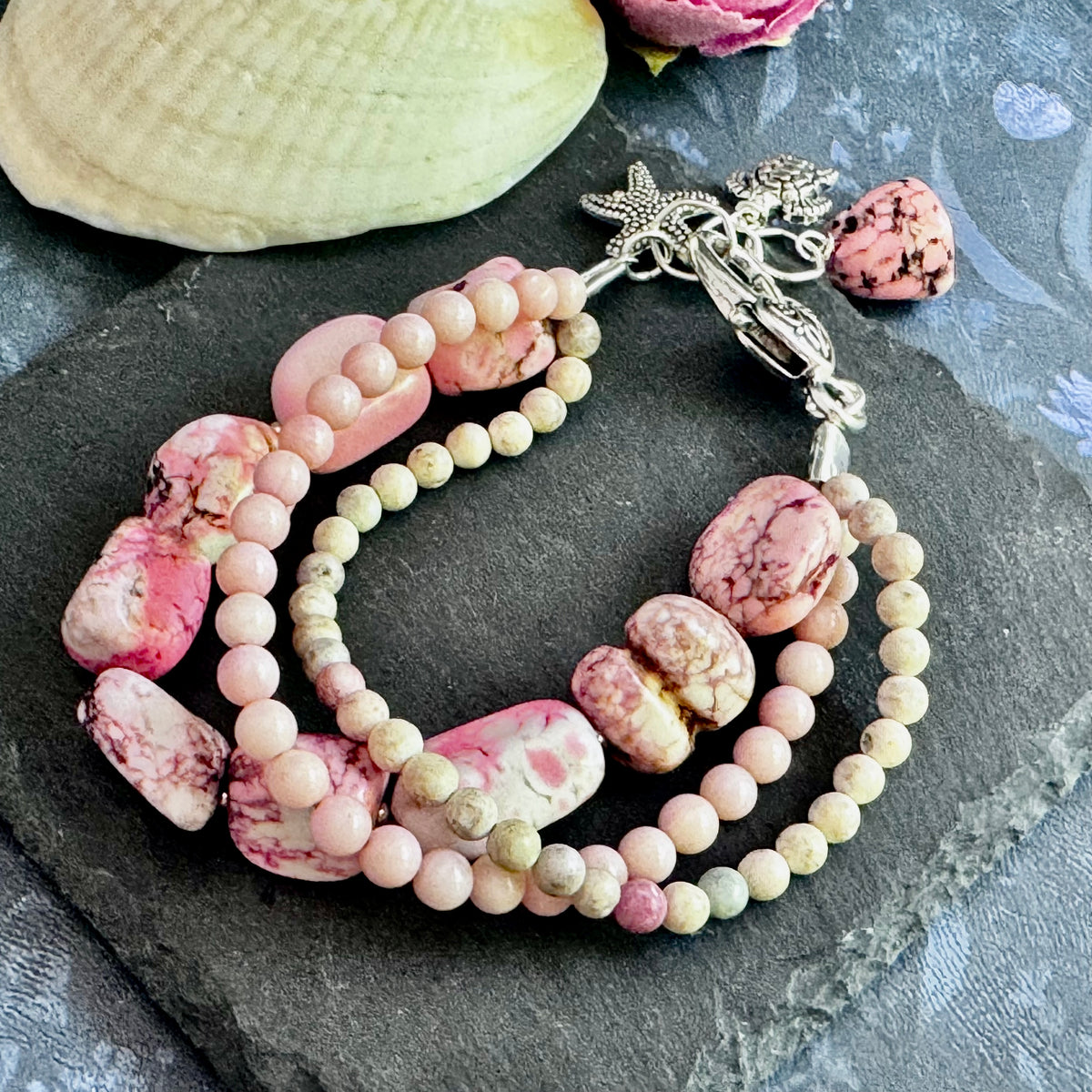 Pink Magnesite, Fossil and Pink Coral Bracelet in Metal Alloy