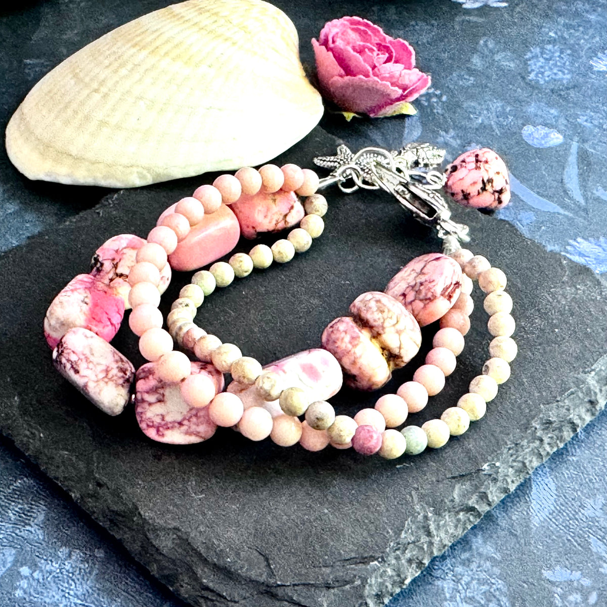 Pink Magnesite, Fossil and Pink Coral Bracelet in Metal Alloy