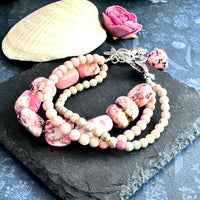 Pink Magnesite, Fossil and Pink Coral Bracelet in Metal Alloy