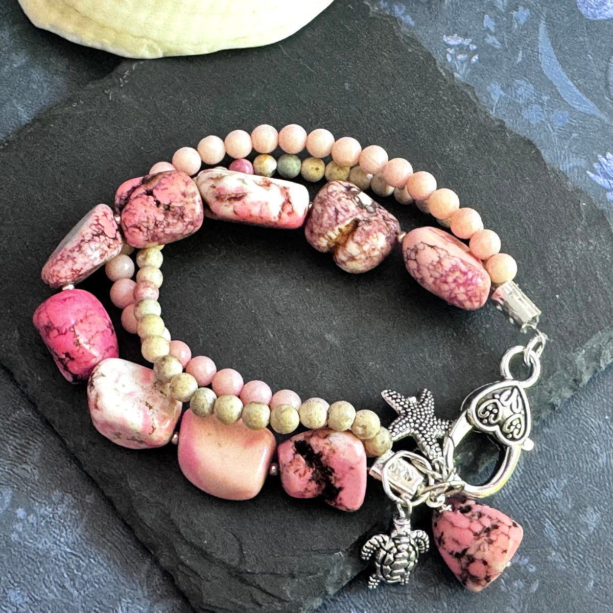 Pink Magnesite, Fossil and Pink Coral Bracelet in Metal Alloy