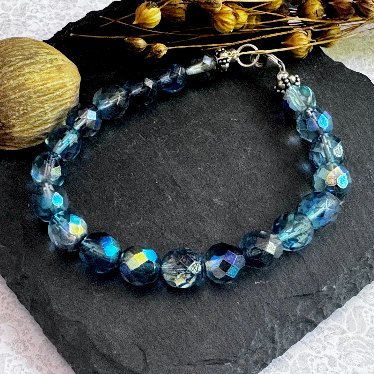 Caribbean Blue Fire Polished Czech Glass Bracelet in Sterling Silver