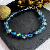 Caribbean Blue Fire Polished Czech Glass Bracelet in Sterling Silver