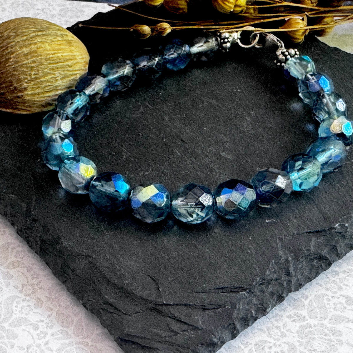 Caribbean Blue Fire Polished Czech Glass Bracelet in Sterling Silver