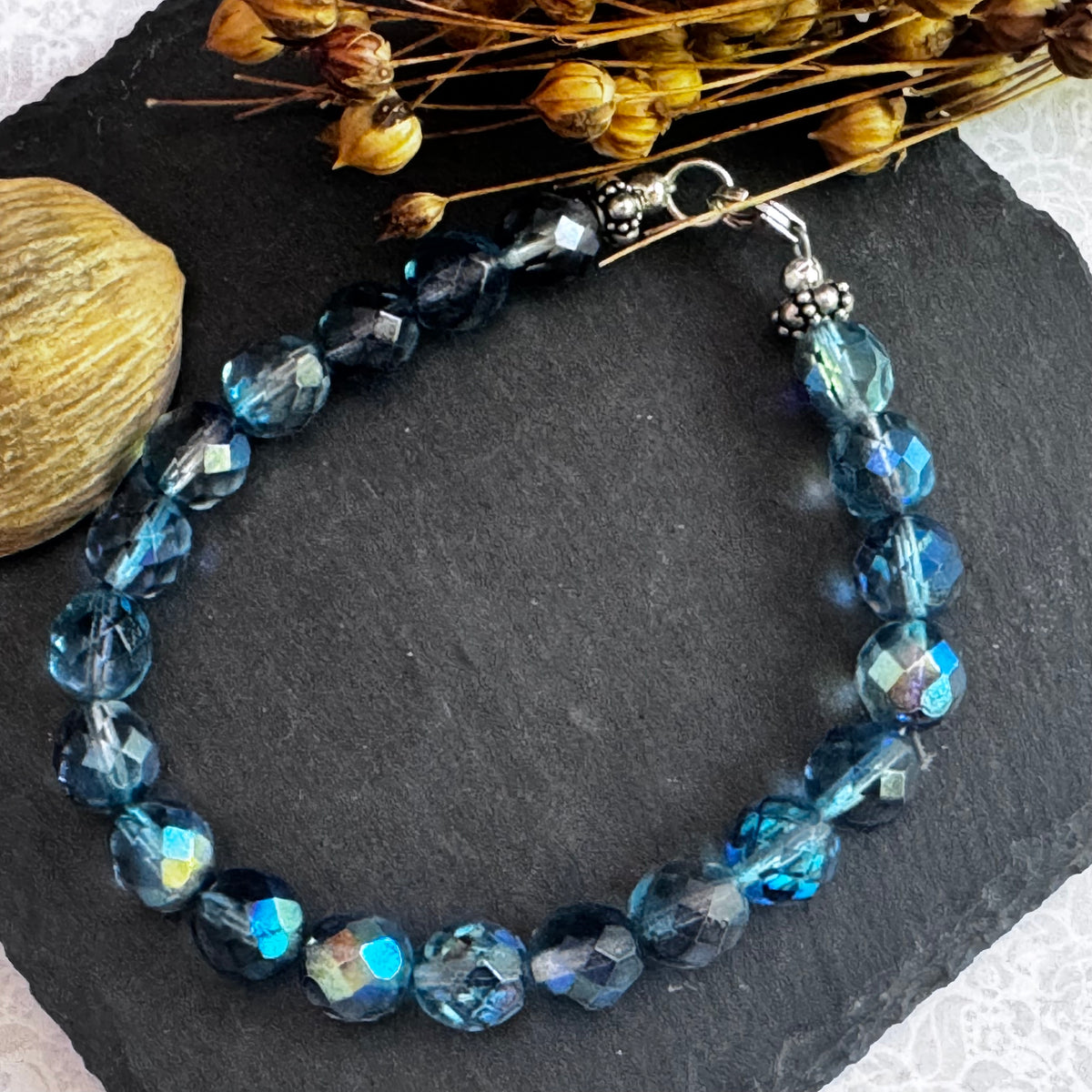 Caribbean Blue Fire Polished Czech Glass Bracelet in Sterling Silver