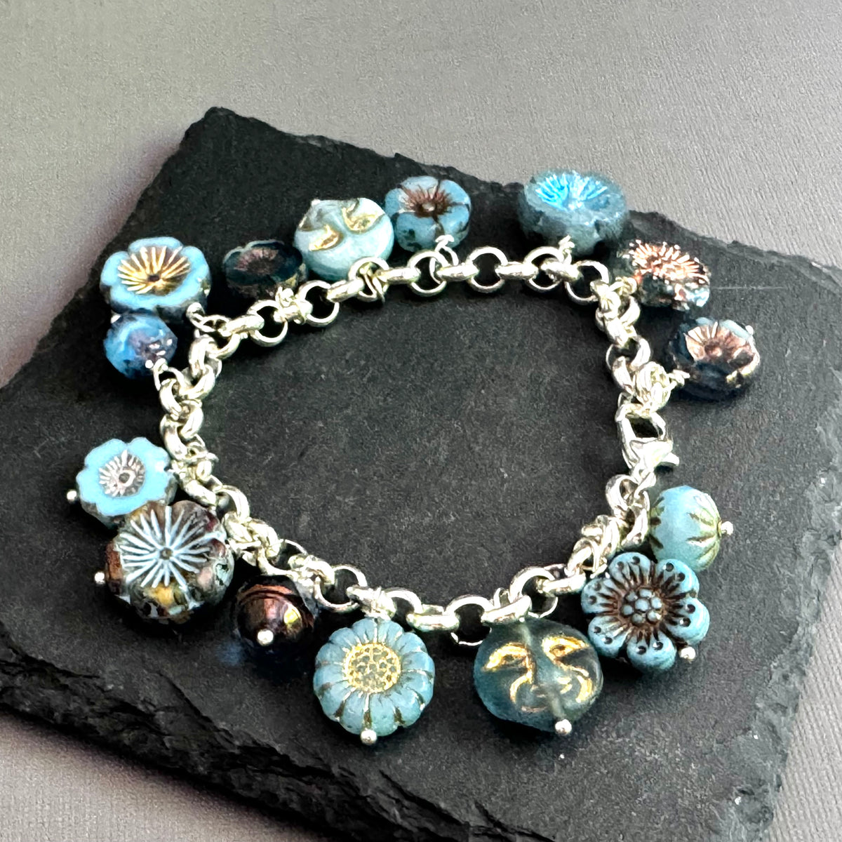 Blue Flower Czech Glass Charm Bracelet on Metal Alloy
