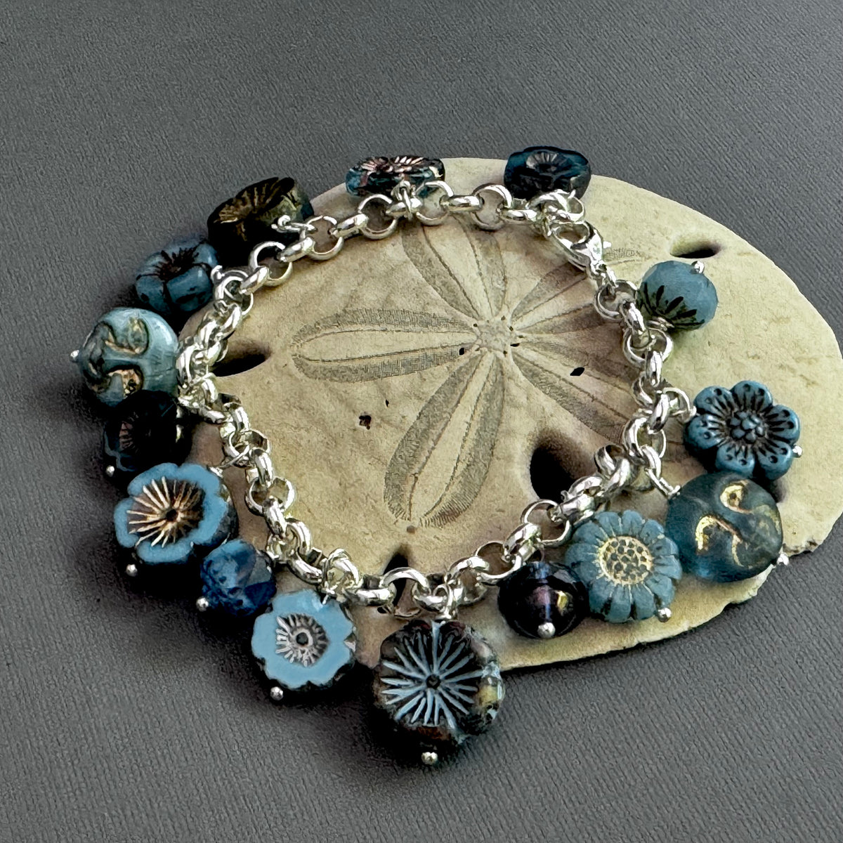 Blue Flower Czech Glass Charm Bracelet on Metal Alloy