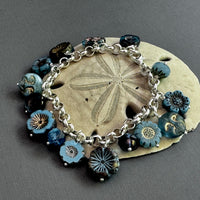 Blue Flower Czech Glass Charm Bracelet on Metal Alloy