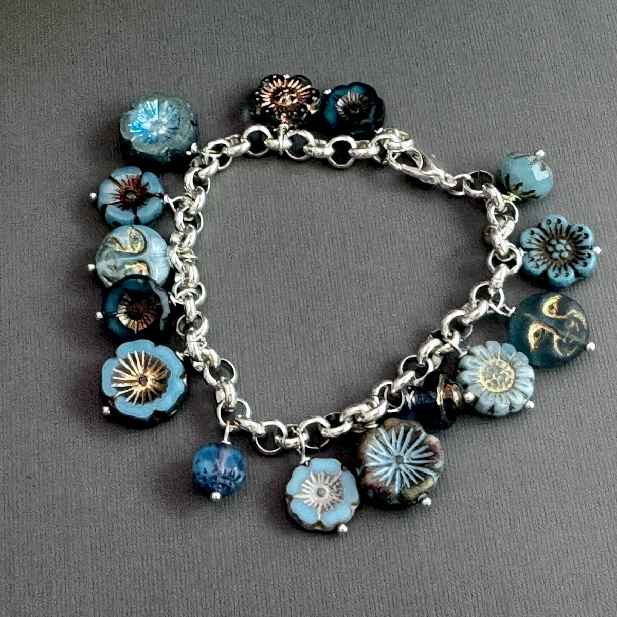 Blue Flower Czech Glass Charm Bracelet on Metal Alloy