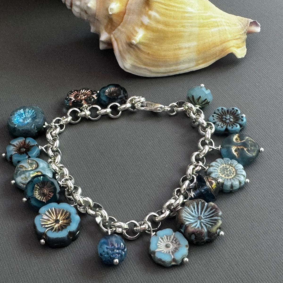 Blue Flower Czech Glass Charm Bracelet on Metal Alloy