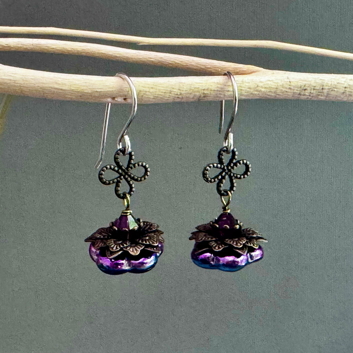 Czech Glass Pink/Green/Blue Flower Drop Earrings in Sterling Silver
