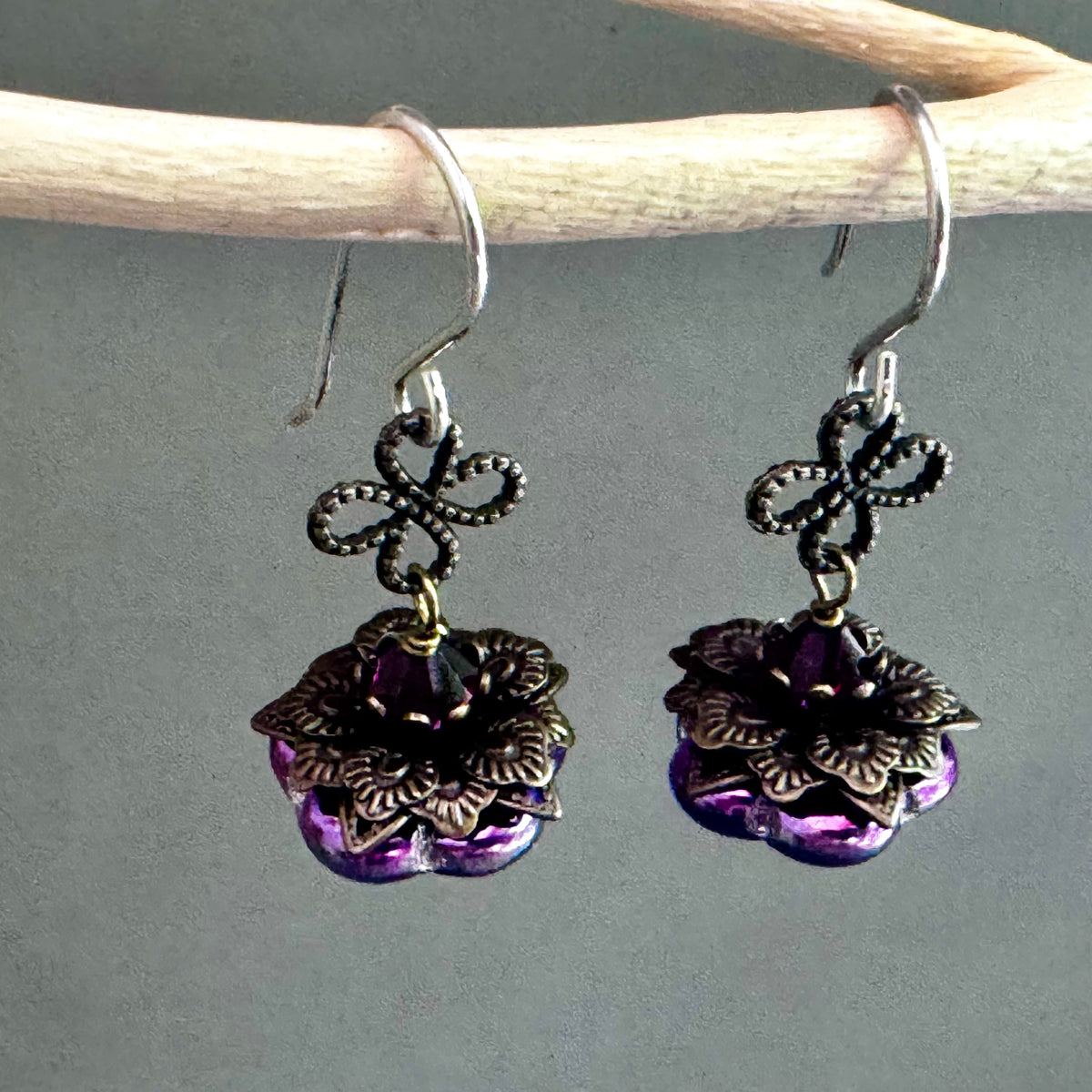 Czech Glass Pink/Green/Blue Flower Drop Earrings in Sterling Silver
