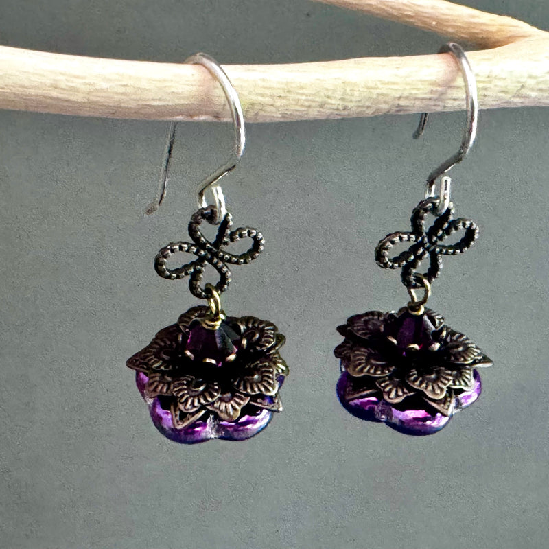 Czech Glass Pink/Green/Blue Flower Drop Earrings in Sterling Silver