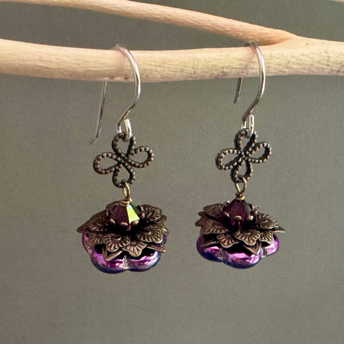 Czech Glass Pink/Green/Blue Flower Drop Earrings in Sterling Silver