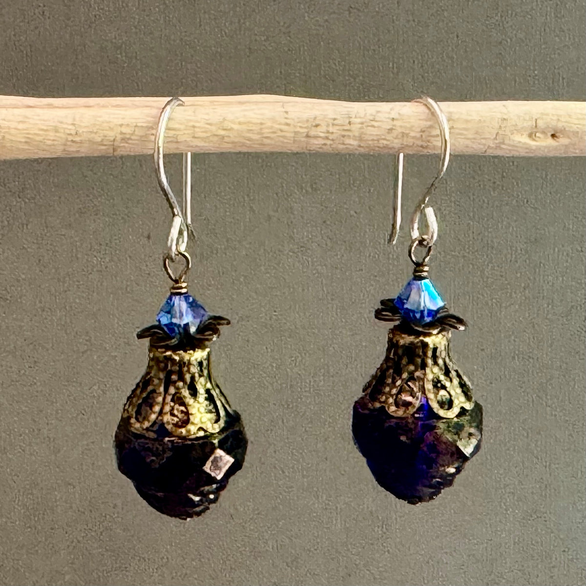 Czech Glass Large Blue and Gold Turbine Earrings in Sterling Silver