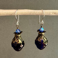 Czech Glass Large Blue and Gold Turbine Earrings in Sterling Silver