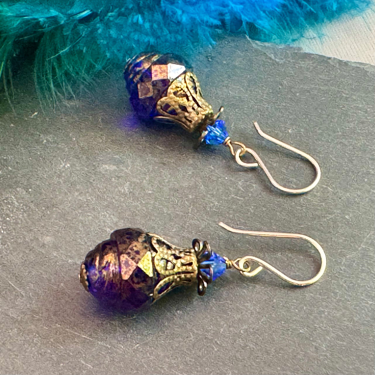 Czech Glass Large Blue and Gold Turbine Earrings in Sterling Silver