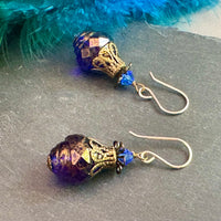 Czech Glass Large Blue and Gold Turbine Earrings in Sterling Silver