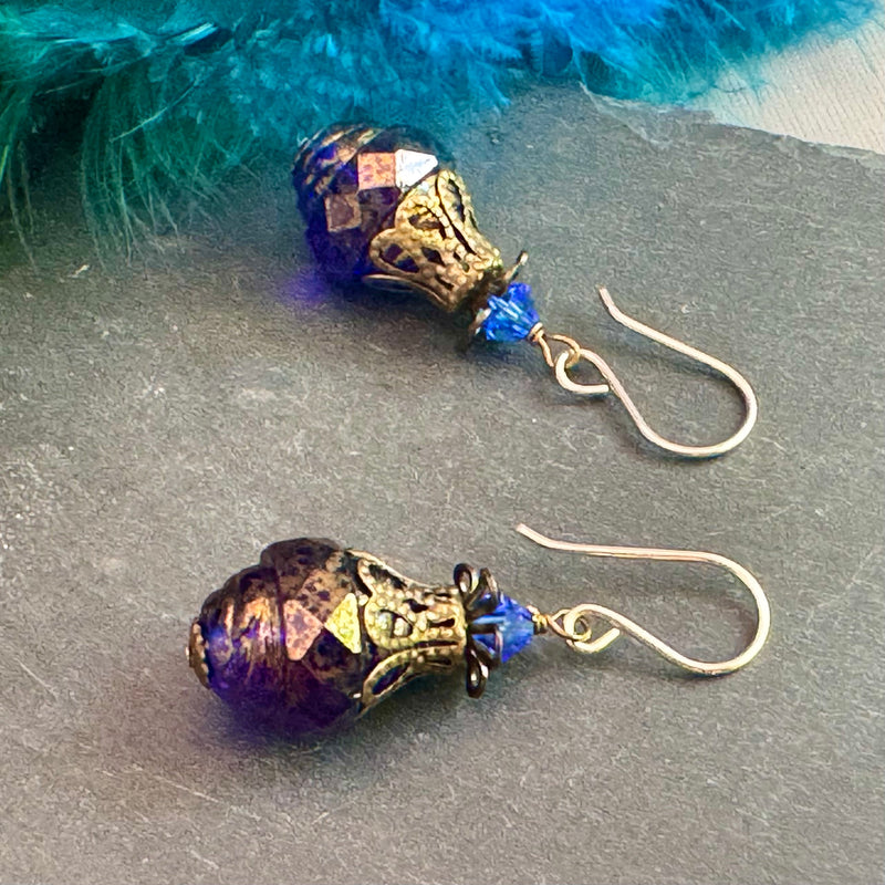 Czech Glass Large Blue and Gold Turbine Earrings in Sterling Silver