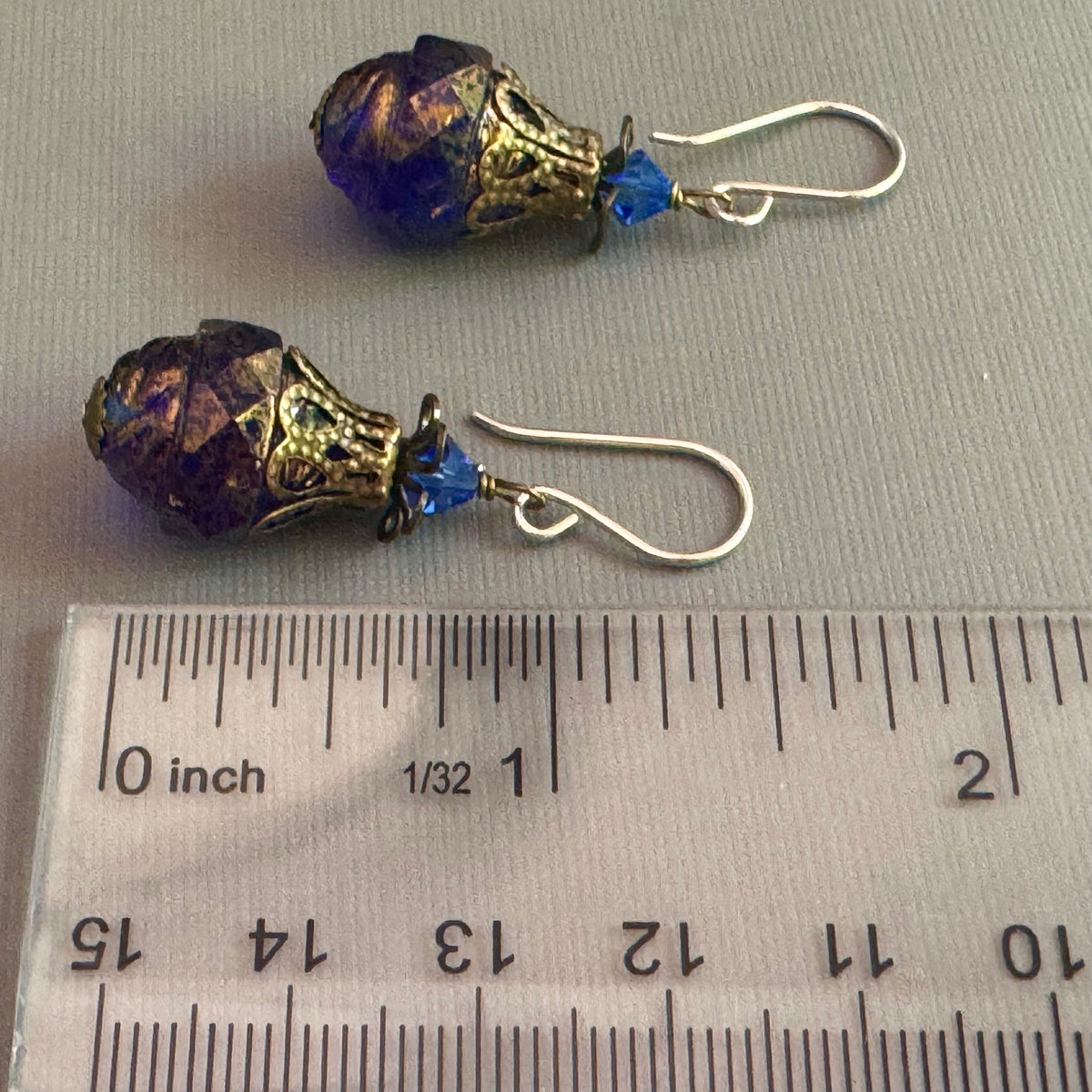 Czech Glass Large Blue and Gold Turbine Earrings in Sterling Silver