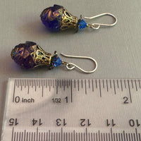 Czech Glass Large Blue and Gold Turbine Earrings in Sterling Silver