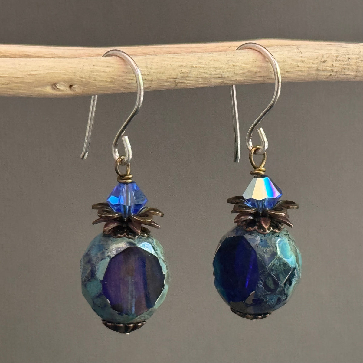Czech Glass Royal Blue Dual Faceted Earrings in Sterling Silver