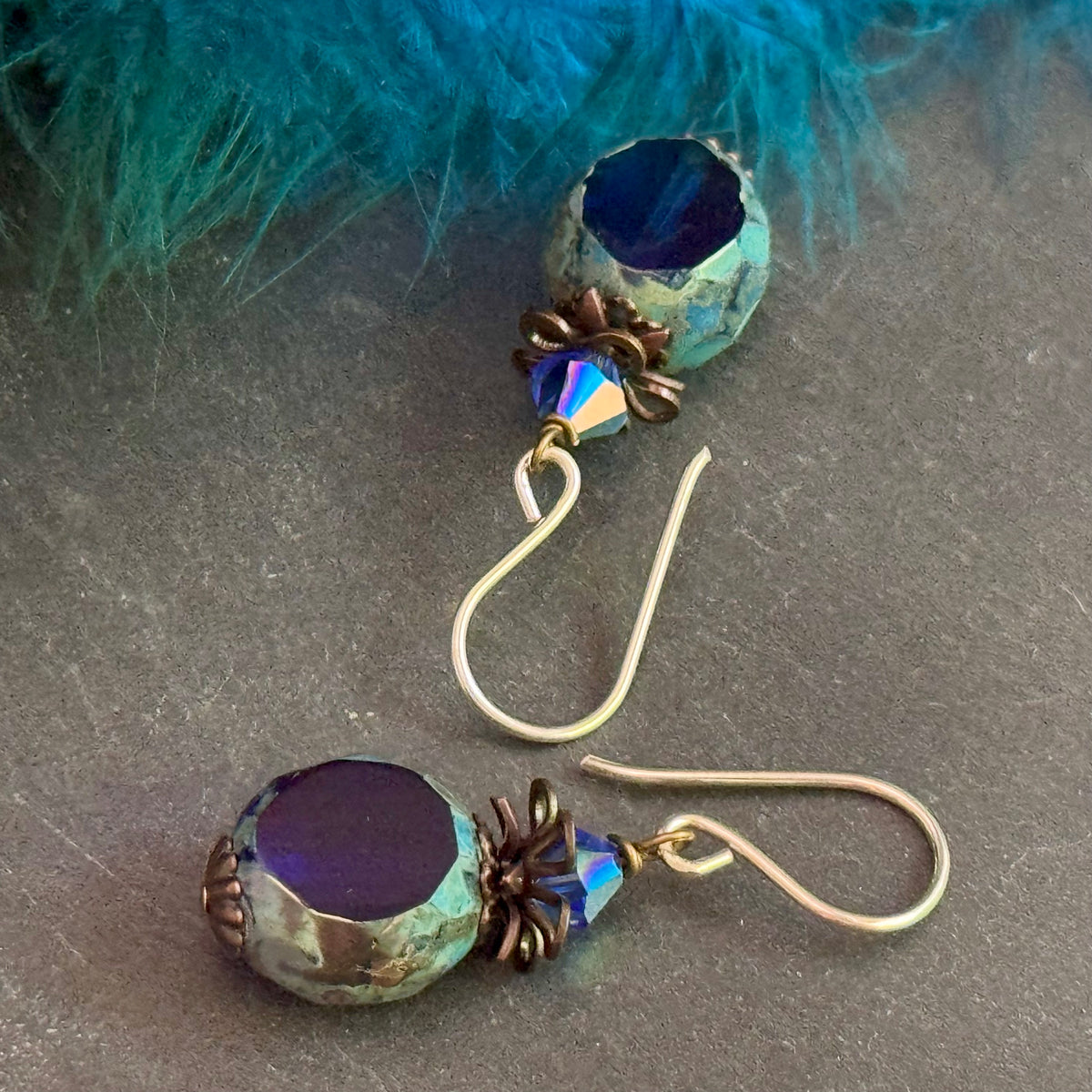 Czech Glass Royal Blue Dual Faceted Earrings in Sterling Silver