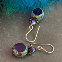 Czech Glass Royal Blue Dual Faceted Earrings in Sterling Silver