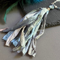 Aquamarine and Blue Silk Sari Ribbon Tassel Necklace in Sterling Silver