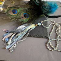 Aquamarine and Blue Silk Sari Ribbon Tassel Necklace in Sterling Silver