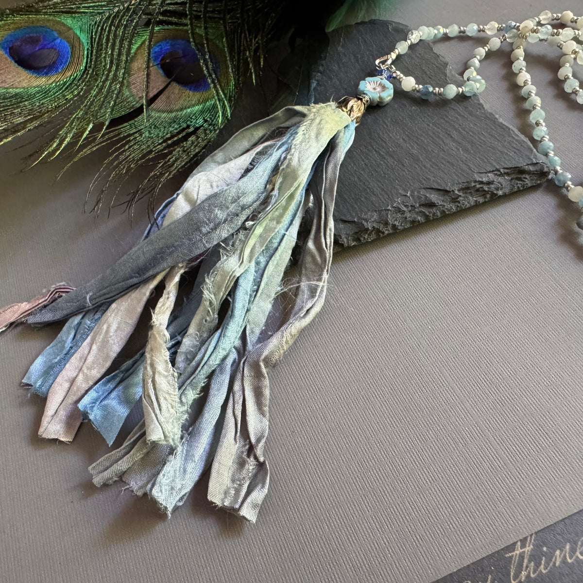 Aquamarine and Blue Silk Sari Ribbon Tassel Necklace in Sterling Silver